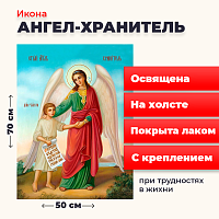 Освященная икона на холсте "Ангел Хранитель с душой человека"